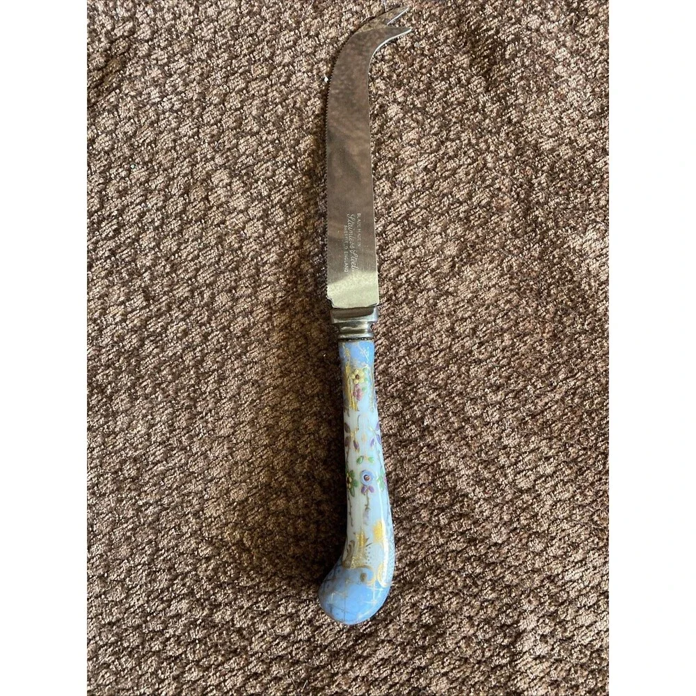 Sheffield England Hand Painted Floraine Porcelain Handle Cheese Knife Gold Blue